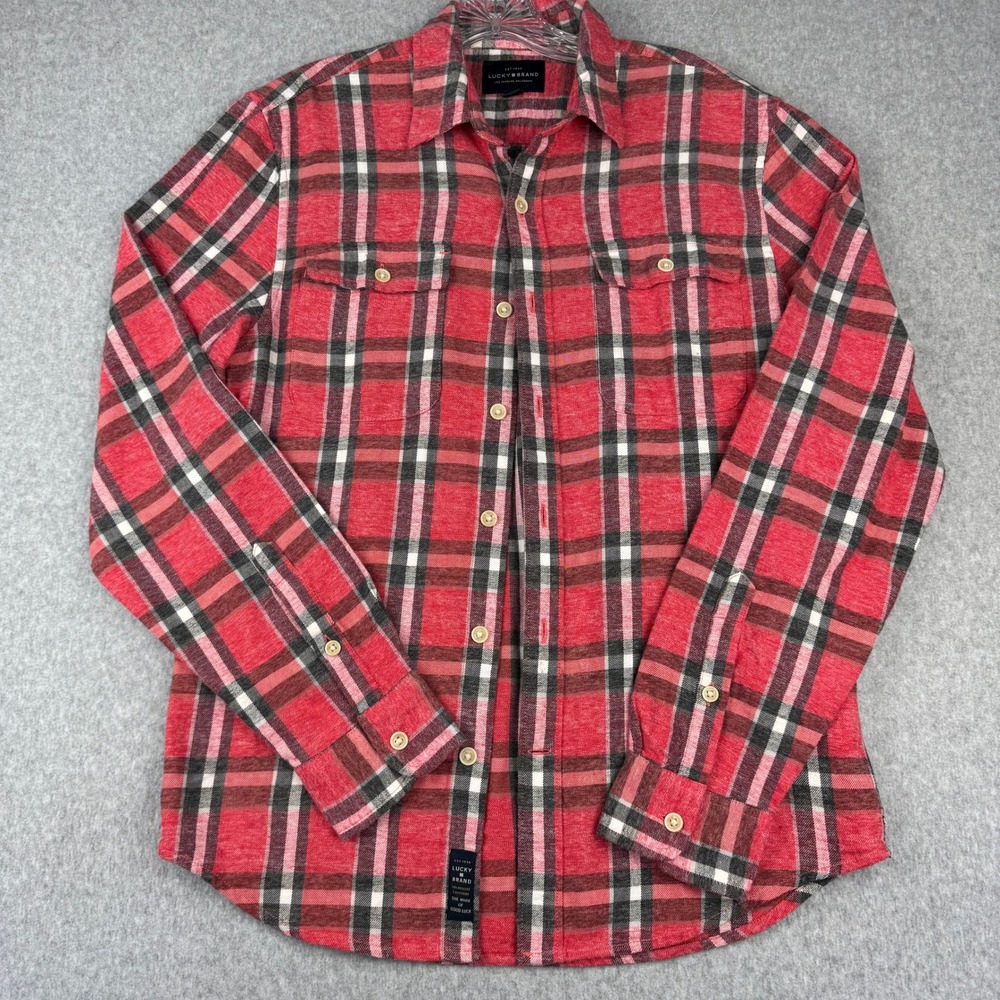 Lucky Brand Plaid Button Down Women Small Red Black Good Cotton Flannel Shirt